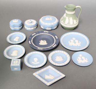 A Wedgwood green Jasperware jug decorated with classical figures 6", 4 ditto boxes and 8 dishes