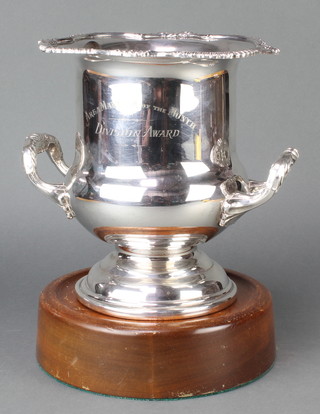 A silver plated champagne cooler with inscription, 2 silver handled items