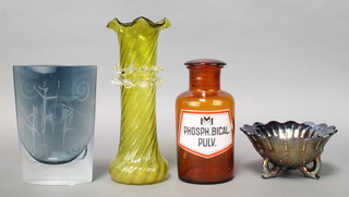 A Carnival glass bowl 7", a green glass vase, a Studio vase and a chemists style bottle 8" 