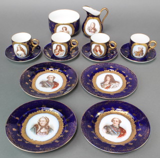 A late Sevres tea set with blue and gilt ground and portrait panels - 4 tea cups, 4 saucers, 4 plates, sugar bowl and cream jug 