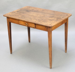 A French 18th Century elm and fruitwood side table the top formed of 3 planks, fitted a frieze drawer and raised on square tapering supports 27"h  x 36"w x 25"d 