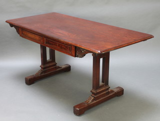 A Victorian rectangular mahogany library table fitted 2 drawers, raised on standard end supports 29"h x 43"w x 29"d 