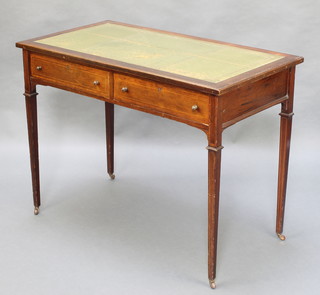 An Edwardian inlaid mahogany writing table with inset green leather writing surface, fitted 2 long drawers and raised on square tapered supports 29"h x 39"w x 21"d 