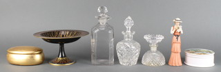 A cut glass inkwell with mushroom stopper, 2 decanters, minor china