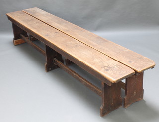 A pair of rectangular oak benches  raised on 3 standard end supports  H framed stretchers 18"h x 95"l x 9 1/2"w 