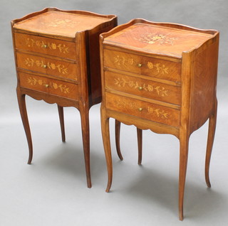 A pair of inlaid satinwood bedside chests with three-quarter gallery, the top inlaid flowers, fitted 3 drawers, raised on cabriole supports 28"h x 15"w x 12"d 