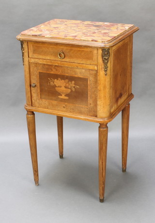 A 19th Century French inlaid Kingwood bedside cabinet with pink veined marble top and gilt metal mounts, fitted a drawer and with cupboard enclosed by panelled door,  raised on turned supports 32"h x 19"w x 15"d 