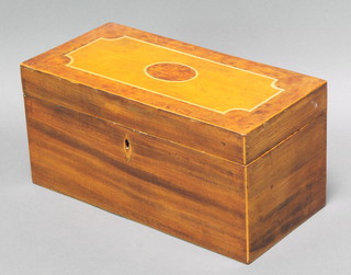 A Georgian rectangular inlaid mahogany twin compartment tea caddy with hinged lid, fitted 2 caddies and a replacement glass mixing/sugar bowl to the centre 6" x 12" x 6" 
