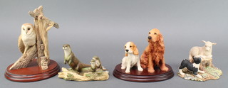 A Border Fine Arts figure of an otter RW2 SM 19088 5", a ditto Barn Owl on roofbeams R330 by Richard Ayres 1991 7", 2 Spaniels 1996 5" and a lamb and puppy by Richard Ayres 4" 