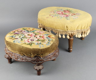 A Victorian carved mahogany oval footstool with Berlin woolwork seat, raised on 4 turned supports 7" x 14" x 10" and an oval footstool with Berlin woolwork seat on turned and fluted supports 9" x 9" x 12"  
