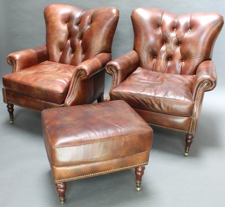 Bradington Young, a pair of Victorian style armchairs upholstered in brown leather together with a matching footstool 