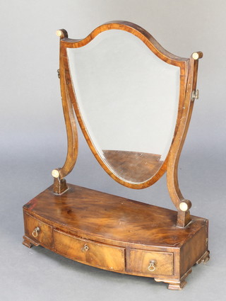 A Sheraton style shield shaped bevelled plate dressing table mirror raised on a bow front base fitted 1 long and 2 short drawers, raised on bracket feet  23"h x 18"w x 8" 