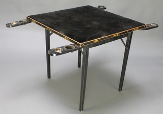 A 1930's square chinoiserie style black lacquered folding card table with black baise top  28"h x 30"w x 30"d 