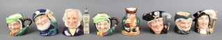A collection of 8 Royal Doulton character jugs - Long John Silver D6386 3", Sarey Gamp 3", Old Salt D6554 3", Granny D6384 3" (chip to the back), Athos D6452 3", John Doulton exclusively for collectors club D6656 4" and Sarey Gamp D552 2" 