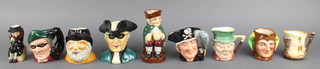 A Royal Doulton character Toby jug Old Charlie 5", a do. Jester with A mark 3", Dick Turpin D353 3", Long John Silver D6386 3", a series ware jug Sam Weller 3" and 5 other character jugs 