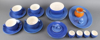 A Moorcroft orange lustre ashtray with metal mount 3" and a do. powder blue breakfast set comprising 4 tea cups, 4 saucers, 4 small plates, 4 medium plates, an oval serving plate, 4 egg cups and a condiment 