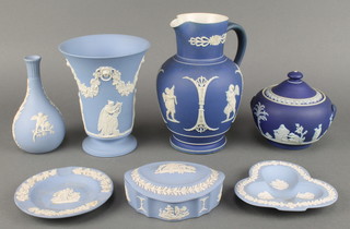 A Wedgwood Jasper flared neck blue ground vase 6" and other Jasperware items 