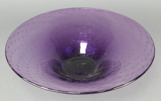 A Studio Glass purple flared neck bowl with bubble decoration 14"