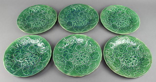 6 Victorian green glazed moulded leaf plates 8"