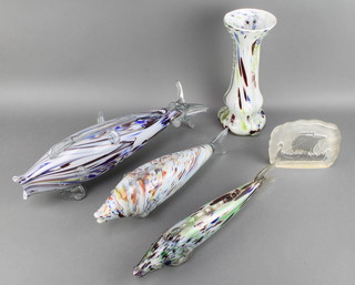 A glass fish 16", 2 others, a coloured glass vase and a paperweight 
