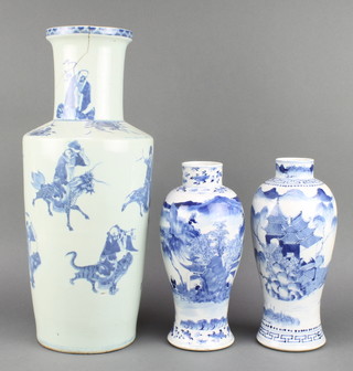 A late 19th Century Chinese oviform vase decorated with fishermen in an extensive landscape 10" together with a similar ditto decorated with an extensive landscape and figures with 4 character mark 2 1/2" and a tapered vase decorated with warriors on horse back 18" 