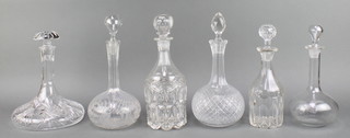 A cut glass ships decanter and stopper together with 5 other cut glass decanters 