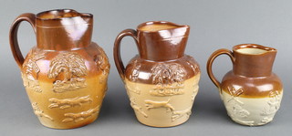 3 graduated stoneware harvest jugs 9", 6" and 5" 