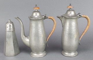 A Manor period planished pewter coffee pot, do. hotwater jug and a My Lady hexagonal planished pewter sifter