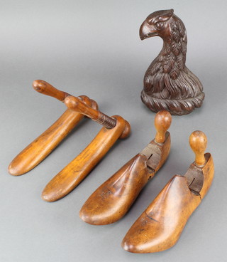 A Victorian carved mahogany armorial figure in the form of a bird 9" x 5" together with 2 pairs of 19th Century beech trees 