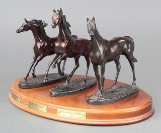 Gill Parker for Franklin Mint and The National Race Horse Museum, 3 bronze figures from The Original Champions series - Darley Arabian, Godolphin Arabian and Byerley Turk on an oval mahogany stand  