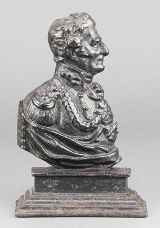 A Victorian cast iron door stop in the form of the profile of the Duke of Wellington, indistinct foundry mark to the reverse, raised on a stepped base