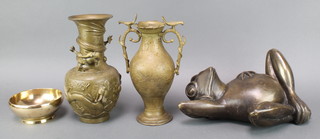 A Japanese painted bronze club shaped vase decorated dragons 16", 1 other twin handled vase 9 1/2", a gilt metal bowl 5" and a reclining figure of a frog 12"