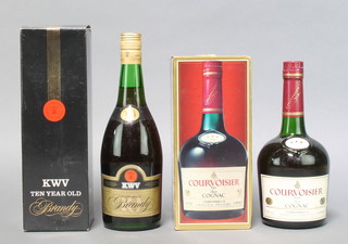 A 780ml bottle of Courvoisier cognac and a 700ml bottle of 10 year old KWV brandy 
