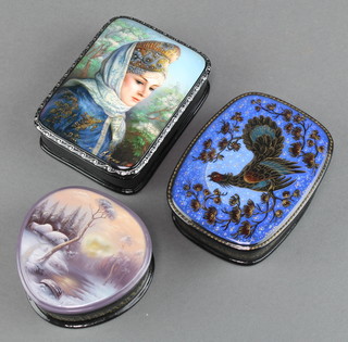 A Russian lacquered box, the lid decorated a portrait of a girl indistinctly signed to the right hand edge, 1" x 3" x 4", 1 other decorated a peacock  1" x 4" x 3" and do. landscape 1" x 3" x 3"  