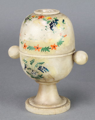 A Victorian turned marble egg shaped ewer decorated scenes of Menai and Britannia Bridge and other scenes 5" 