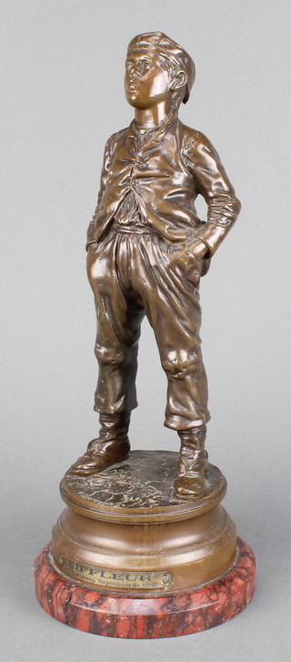 After Halfdan Hertzberg (1857-1890), a bronze figure of a standing boy with hands in pockets, on a raised base marked Siffleur Par Hertzberg. Exposition de 1889, with marble plinth 13" 