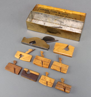 A 19th Century brass and steel shoulder plane 4 1/2" and 8 small beech moulding planes 3 without blades 