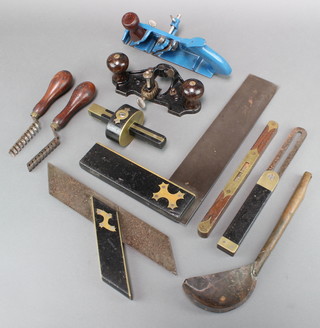 A Stanley 71 router planer, a Record no.78 rebate and Filletster plane, 19th Century ebony, brass and steel mounted Tyr square, do. bevel square, 1 other square, mortice gauge, a 19th Century mahogany and brass banded spirit level 10", etc  