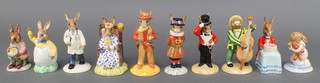 10 Royal Doulton Bunnykins figures - Double Bass Player DB185 4", Cow Boy DB201 4", Beefeater DB163 4", Ring Master DB165 4", Doctor DB181 4", Goodnight DB157 3", Happy Birthday DB21 4", Susan Bunnykins as Queen of the May DB83 4", Easter Greetings DB14 4" and Buntie DB23 3" 