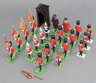 4 Britains brigade of guards ensigns, 3 brigade of guards officers and 7 guardsmen, 3 life guards, 1 Royal horse guards, 2 Yeoman of the guard, an infantryman and a sentry box  