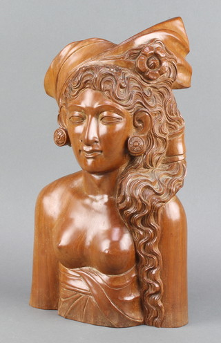 A Balain carved hardwood bust of  a lady 14" and a  stained glass panel 13" x 12 1/2" 