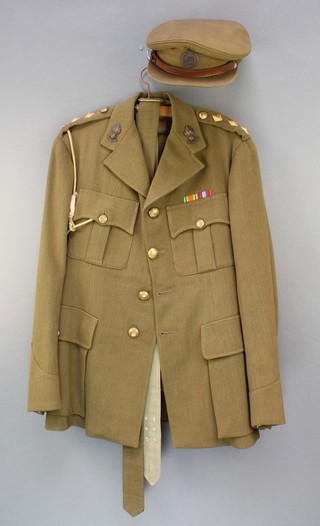 A George VI Royal Engineers Captains service dress tunic and trousers together with cap, Sam Browne belt and swagger stick 
