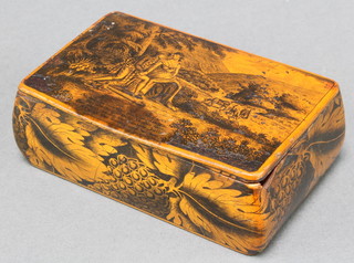 An 18th Century rectangular wooden Mauchline ware  snuff box the lid decorated a courting couple and marked At bares or byre thou shak na drudge nes naefhing else to trouble thee but stray amang heather bells An tent the waving corn wi me 1 1/2" x 4" x 2 1/2" 