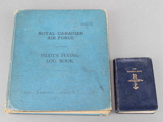 A Royal Canadian Air Force Pilot's Flying Log Book for Flying Officer K A Grover with entries from the 16 July 1942 - August 1945 from flying DH82, PT17, AT6, Master 1 and 2, Airspeed Oxford, Avro Anson, Wellington 3, Wellington 10, Martinet and Spitfire  based at A.C.R.C London no.11 Scarborough, no.15 Carlisle, A.C.D.C Heaton Park, no. 31 PD Monckton, no. 31, no.6BFTS Ponca City, etc together with a Serviceman's diary for 1942 with various entries  
