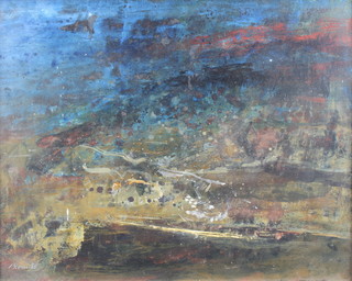 WIM Blom (b1927), signed, oil on board, South African abstract landscape, label en verso, 13" x 10" 