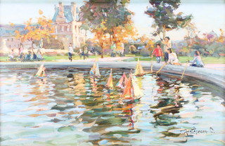 Sergi Nebessikhine, oil on canvas signed, children with model boats in a pond with Country house in background, signed, 10" x 15"