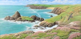 Richard W Orr, gouache, signed, extensive Cornish coastal scene, unframed 19 1/2" x 39" 