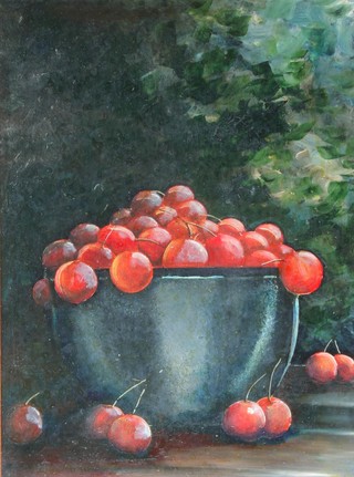 A D , '86, oil on board, monogrammed, a bowl of cherries 14" x 10" in a maple frame 