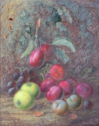 Vincent Clare, oil on canvas, signed, still life study plums apples and grapes 10" x 8" 