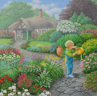 Richard W Orr, gouache signed, a child watering flowers in a cottage country garden 16" x 16" 